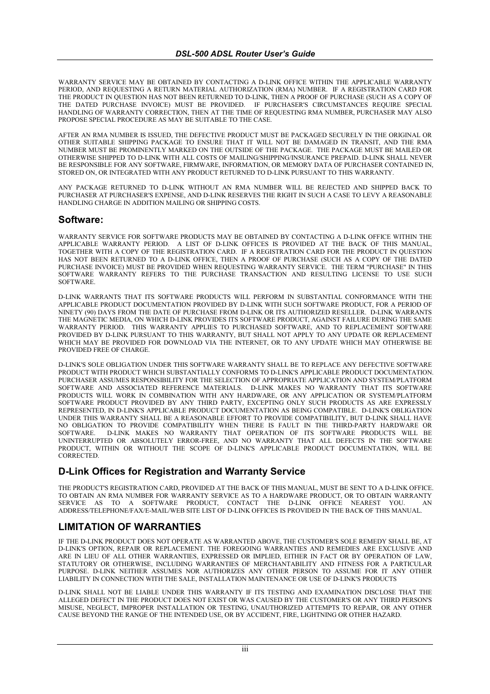 Software, Limitation of warranties | D-Link DSL-500 User Manual | Page 3 / 74