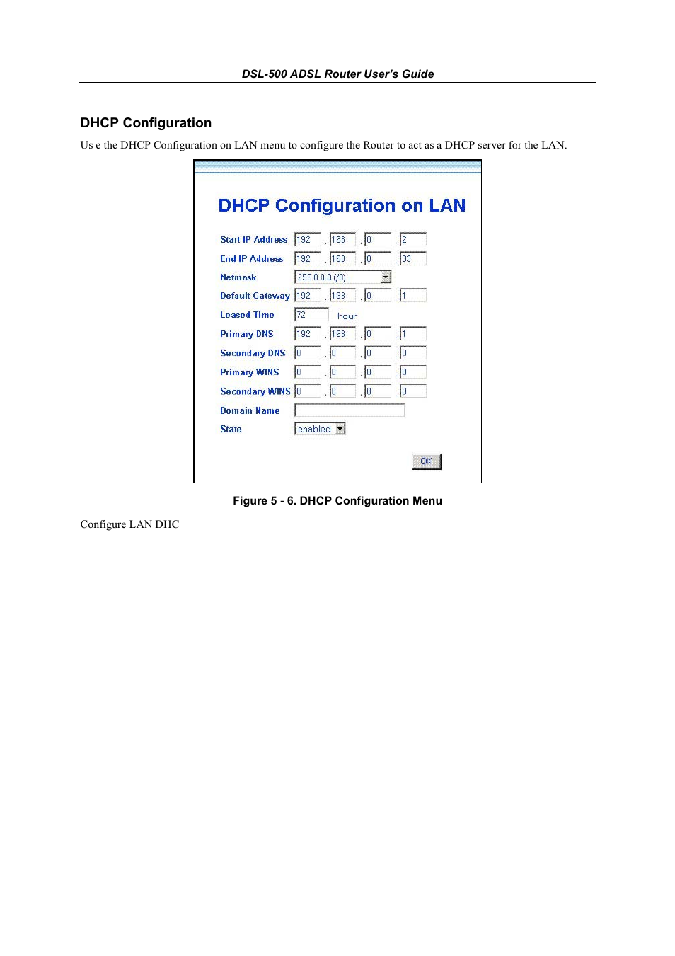 Dhcp configuration | D-Link DSL-500 User Manual | Page 37 / 74