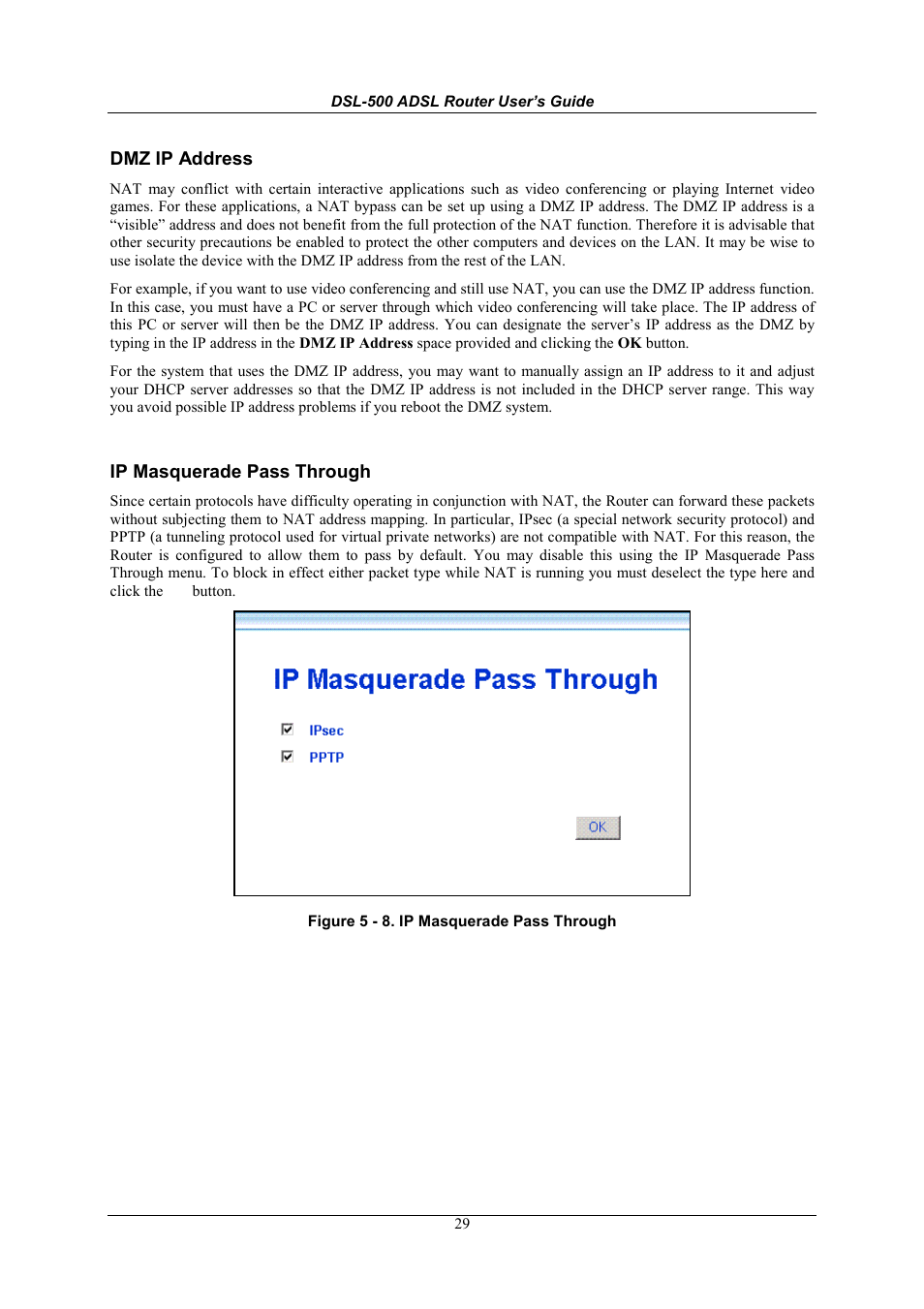 Ip masquerade pass through, Dmz ip address | D-Link DSL-500 User Manual | Page 39 / 74