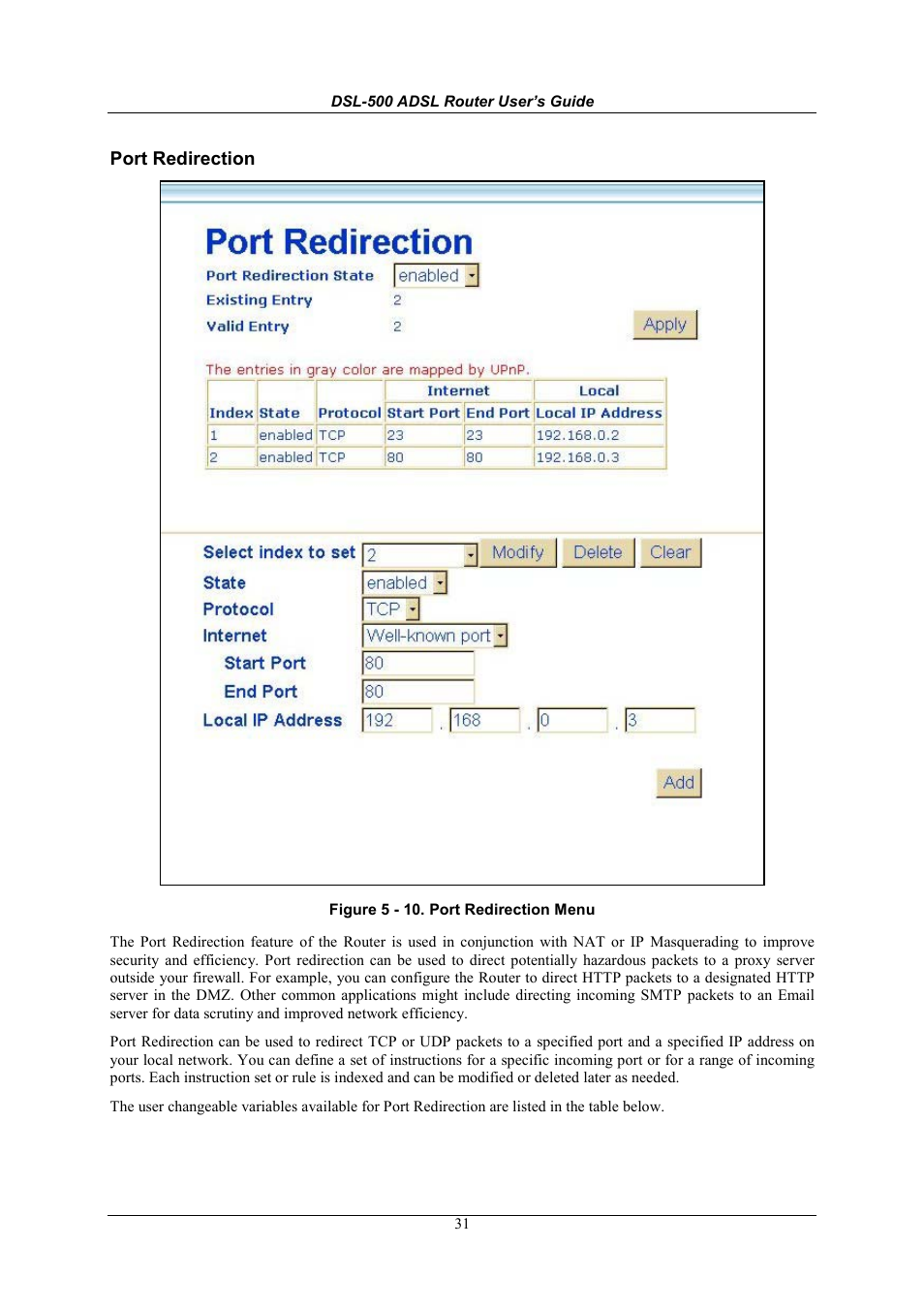 Port redirection | D-Link DSL-500 User Manual | Page 41 / 74