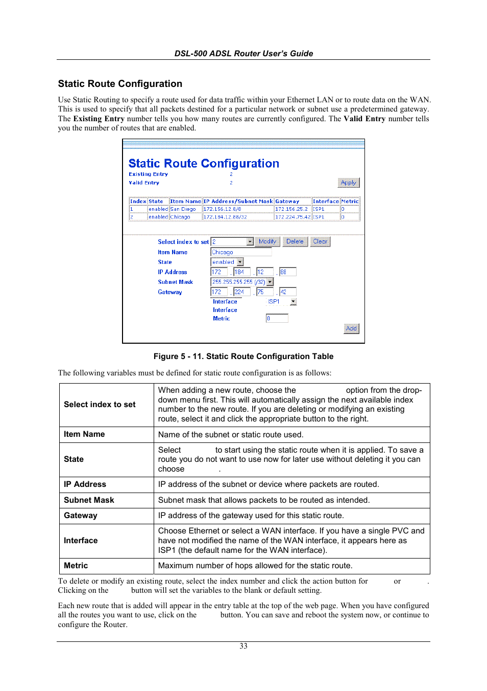Static route configuration | D-Link DSL-500 User Manual | Page 43 / 74