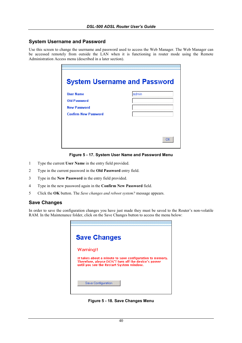 System username and password, Save changes | D-Link DSL-500 User Manual | Page 50 / 74