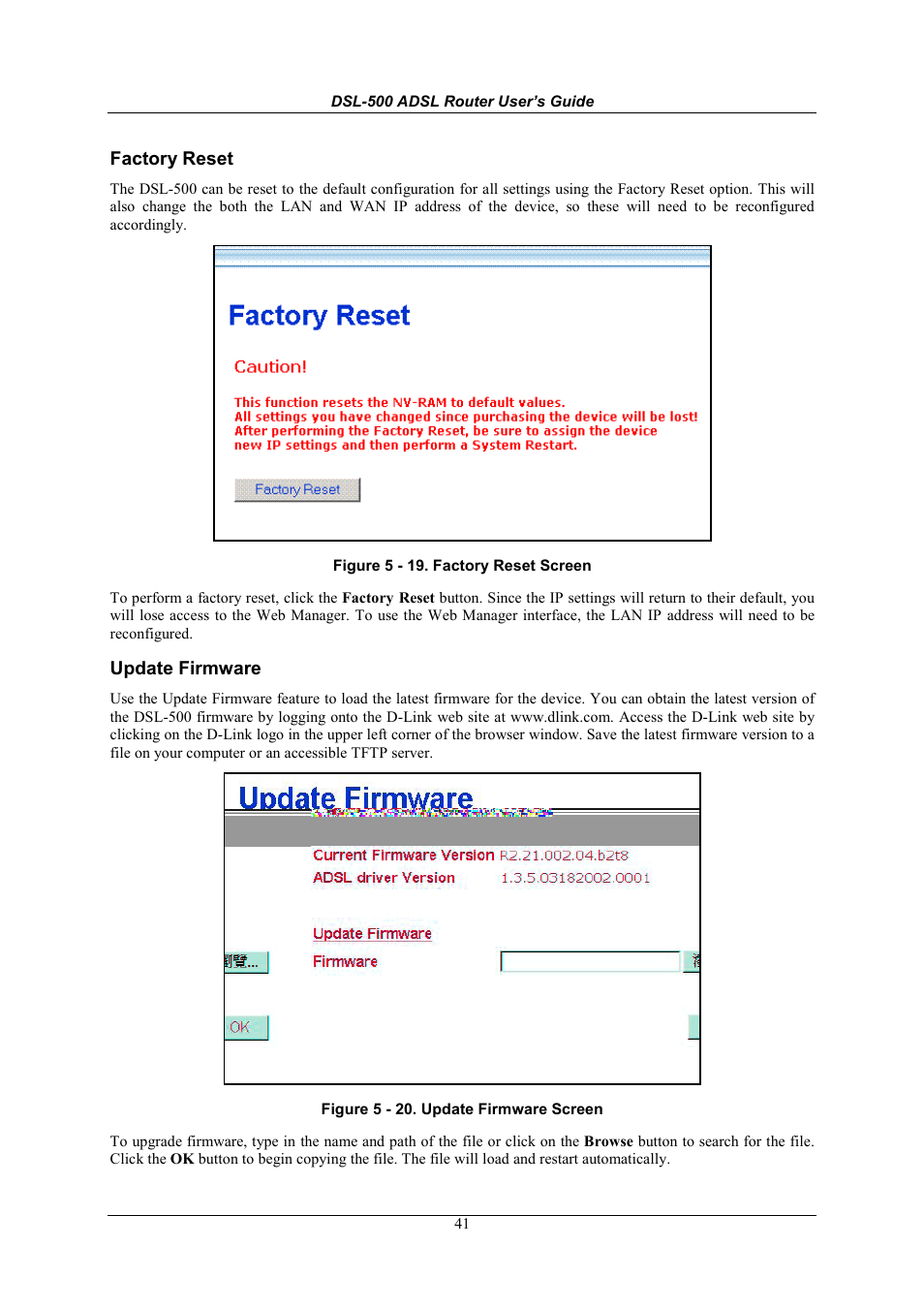 Factory reset, Update firmware | D-Link DSL-500 User Manual | Page 51 / 74