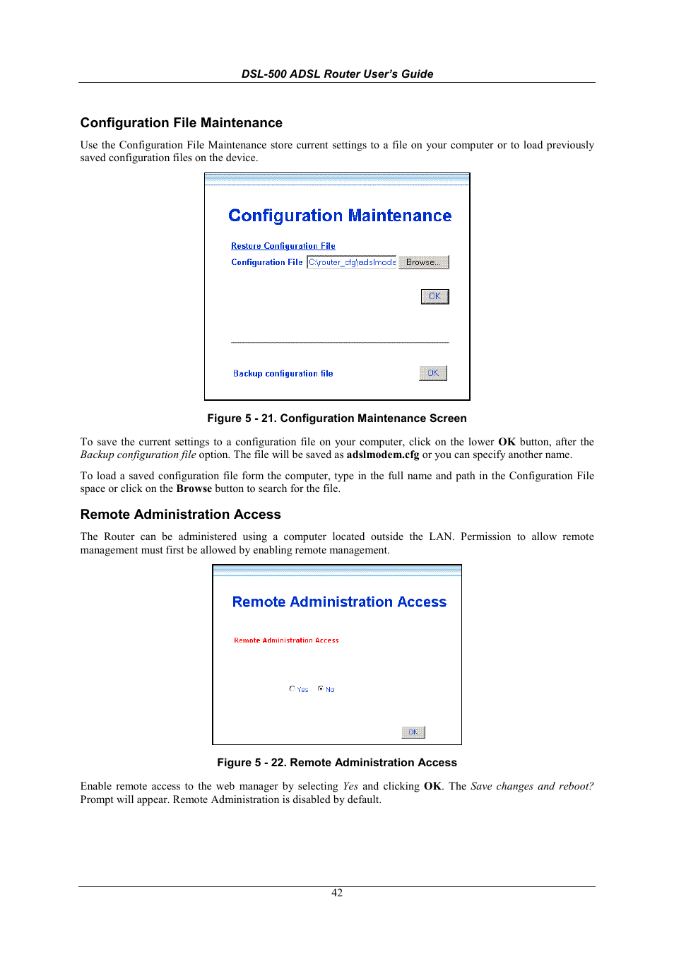 Configuration file maintenance, Remote administration access | D-Link DSL-500 User Manual | Page 52 / 74
