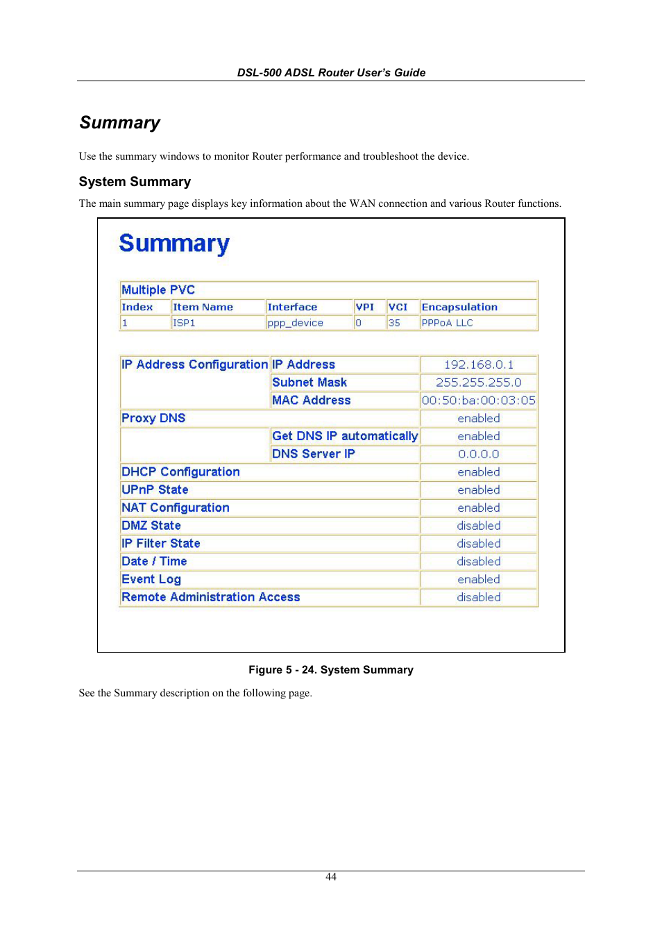 Summary, System summary | D-Link DSL-500 User Manual | Page 54 / 74