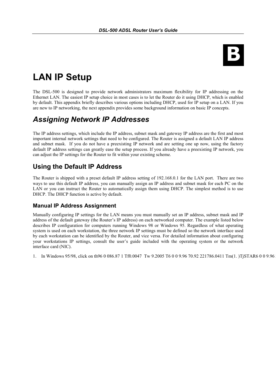 Lan ip setup, Assigning network ip addresses, Using the default ip address | Manual ip address assignment | D-Link DSL-500 User Manual | Page 62 / 74