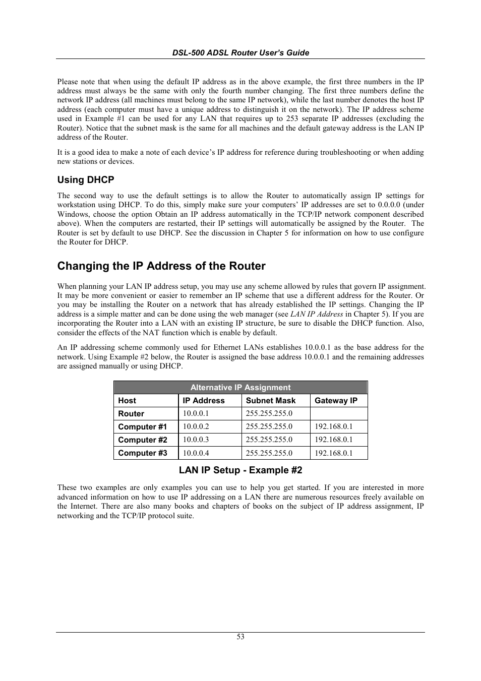 Using dhcp, Changing the ip address of the router, Lan ip setup - example #2 | D-Link DSL-500 User Manual | Page 63 / 74