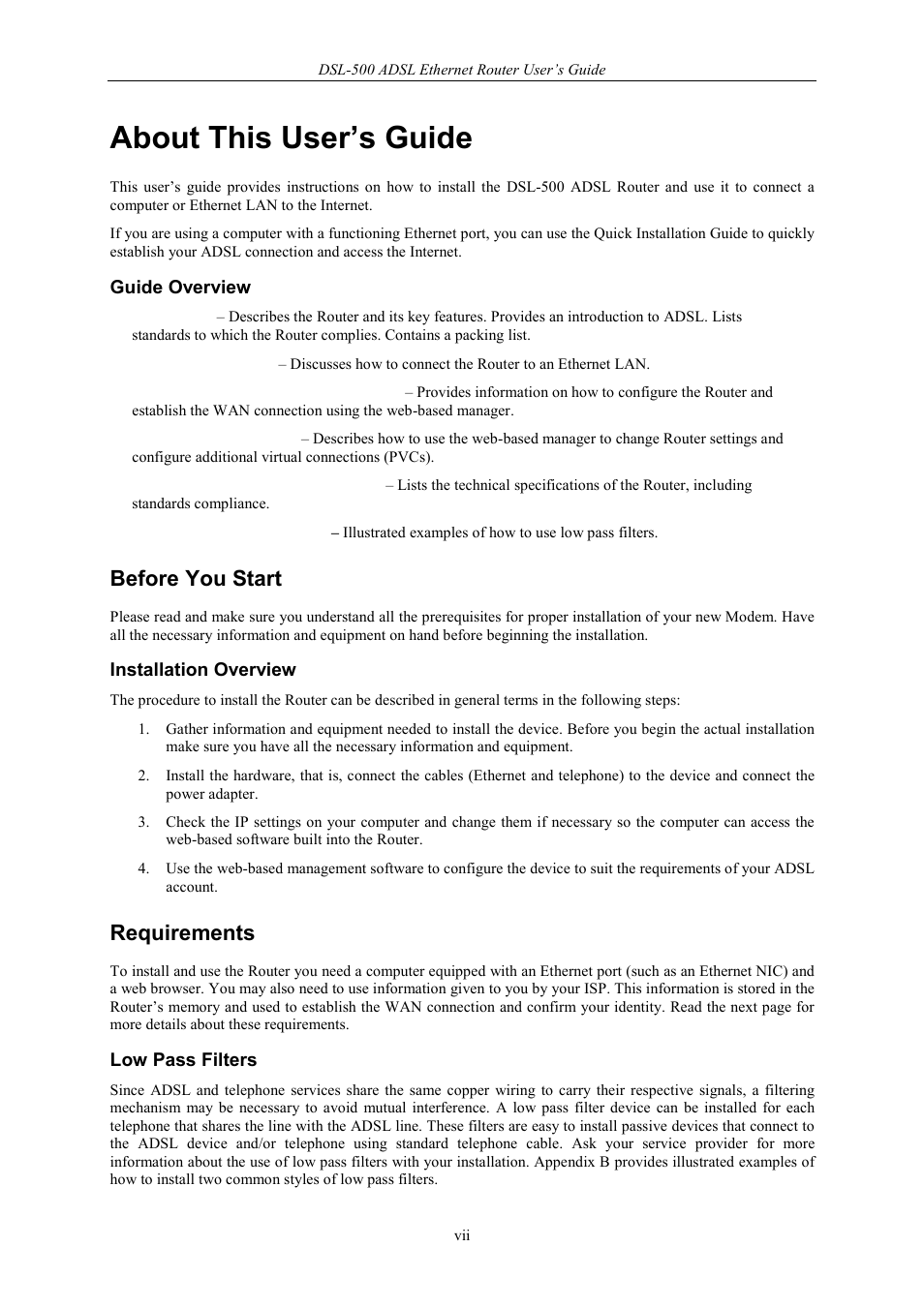 About this user’s guide, Before you start, Requirements | D-Link DSL-500 User Manual | Page 7 / 74