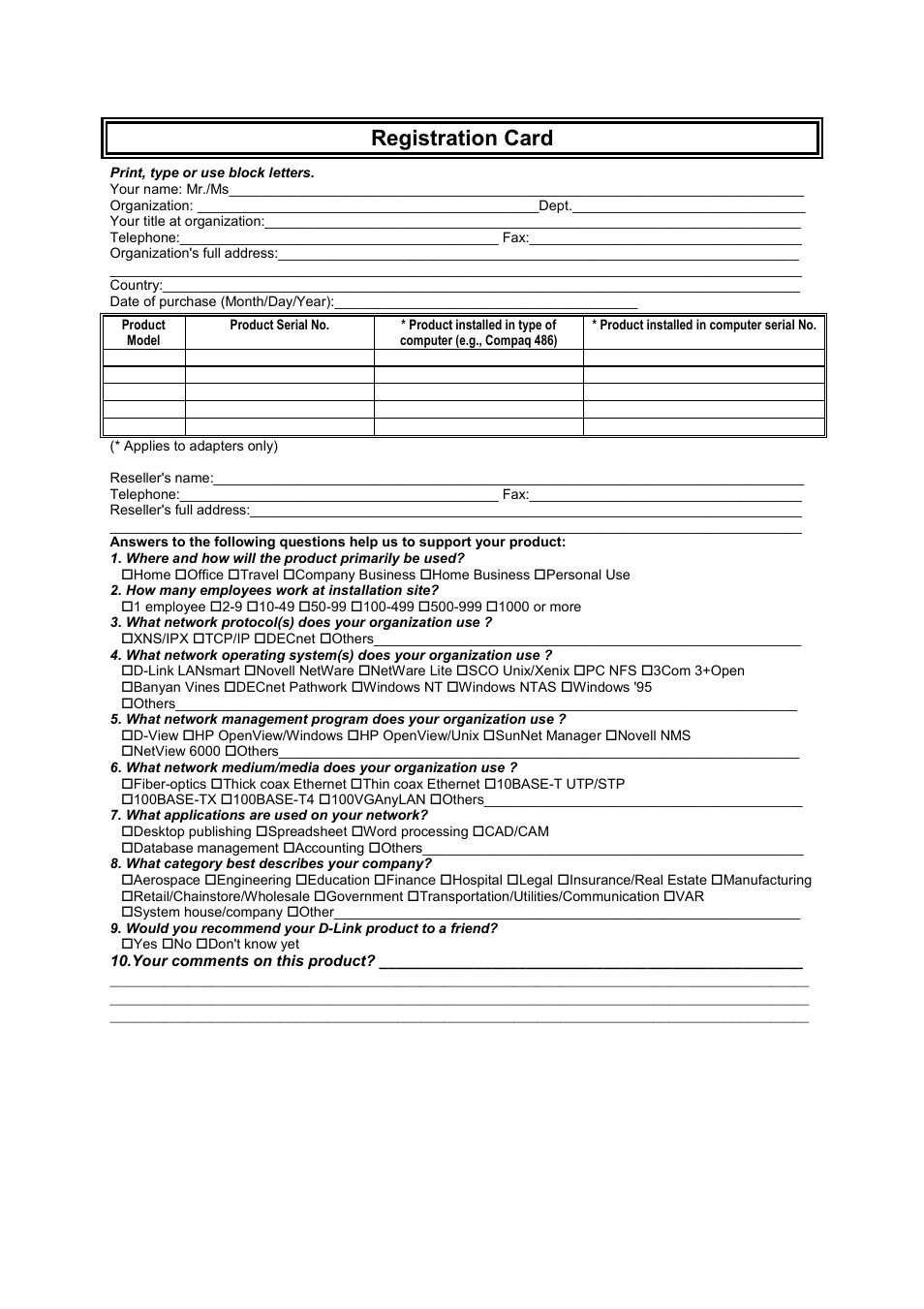 Registration card | D-Link DSL-500 User Manual | Page 73 / 74