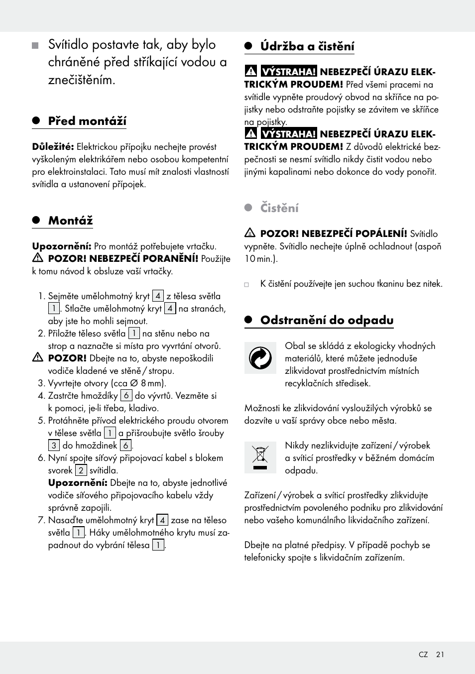 Před montáží, Montáž, Údržba a čistění | Čistění, Odstranění do odpadu | Livarno 100654-14-01, 100654-14-02 User Manual | Page 21 / 34