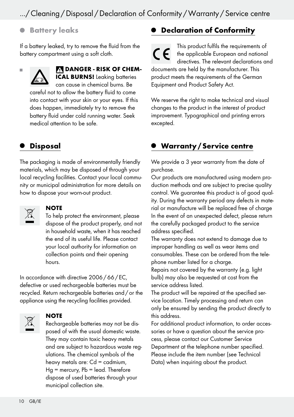 Battery leaks, Disposal, Declaration of conformity | Warranty / service centre | Livarno 54318 User Manual | Page 10 / 33