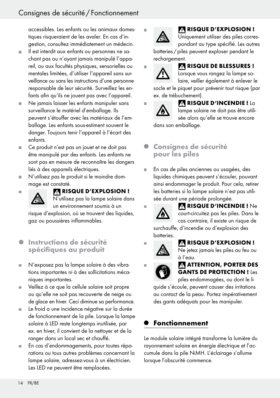 Instructions de sécurité spécifiques au produit, Consignes de sécurité pour les piles, Fonctionnement | Livarno 54318 User Manual | Page 14 / 33