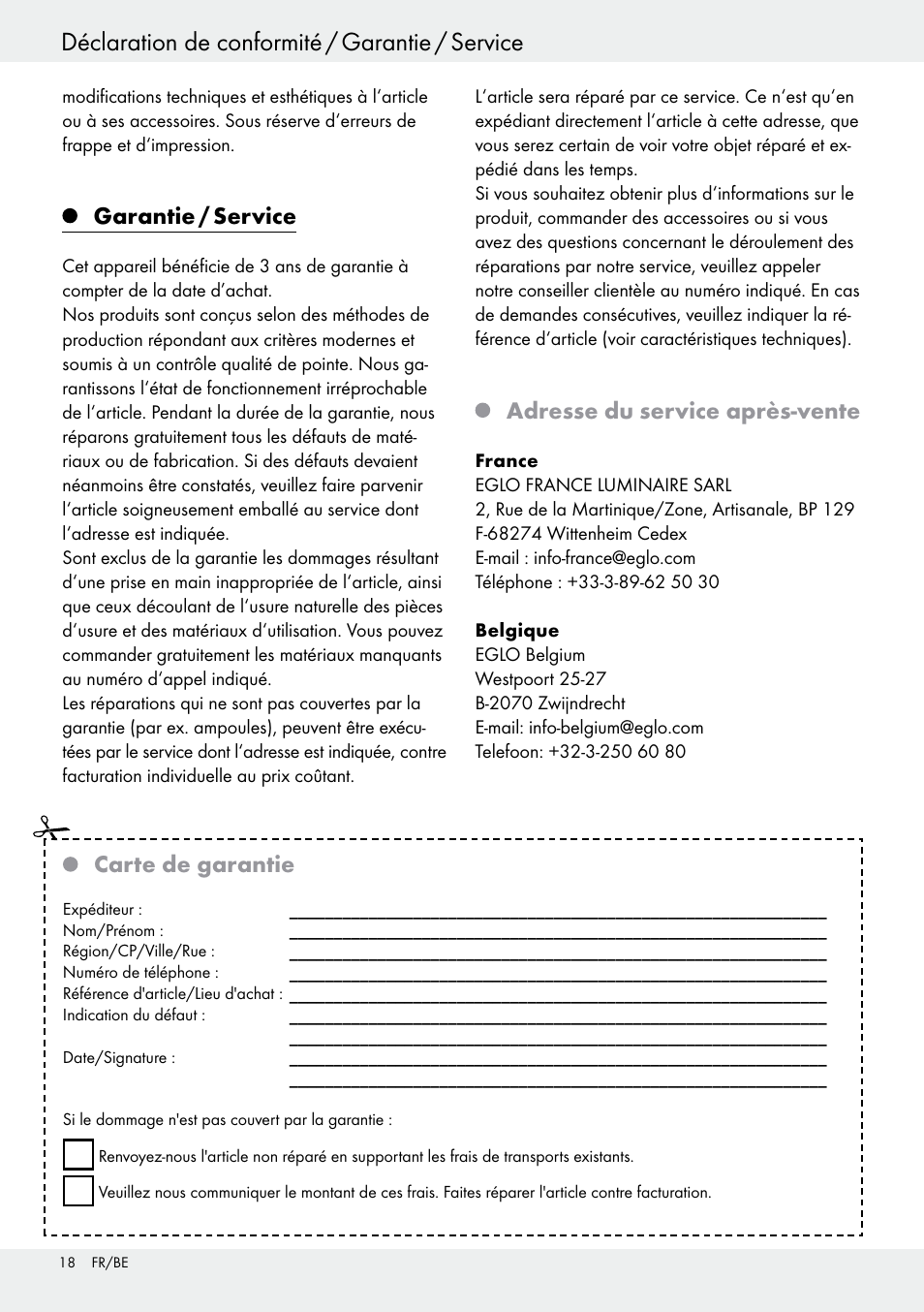 Garantie / service, Adresse du service après-vente, Carte de garantie | Livarno 54318 User Manual | Page 18 / 33