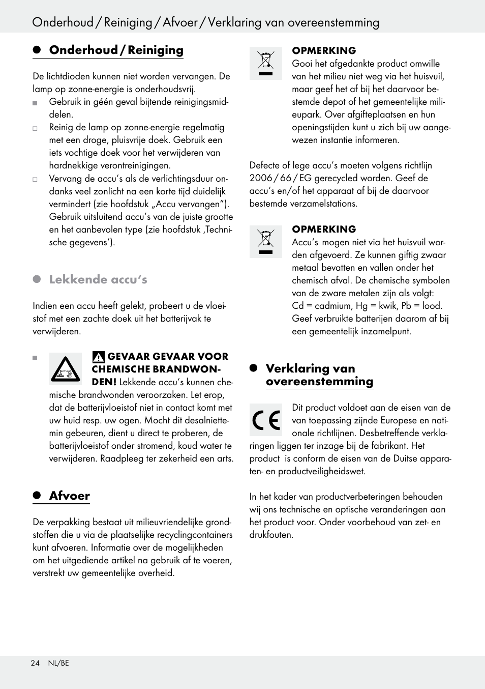 Onderhoud / reiniging, Lekkende accu‘s, Afvoer | Verklaring van overeenstemming | Livarno 54318 User Manual | Page 24 / 33