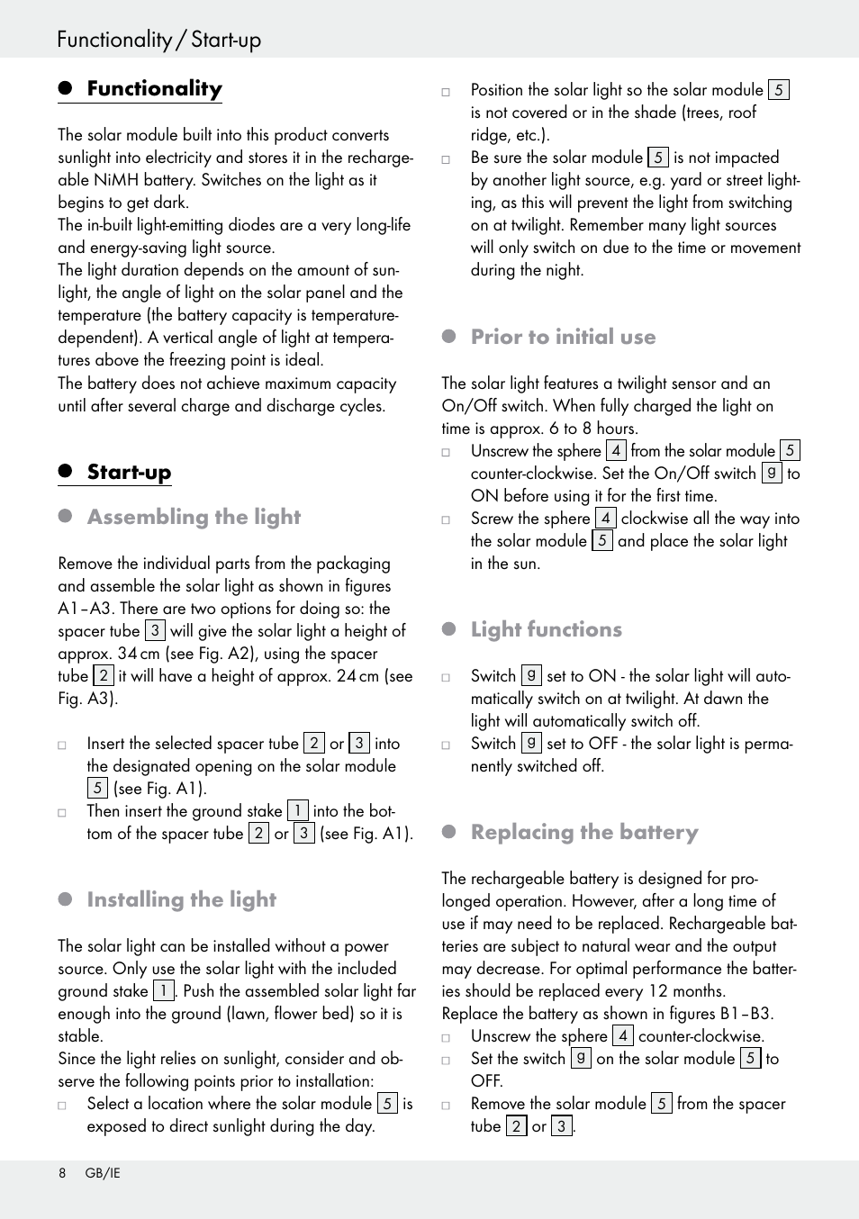 Functionality, Start-up assembling the light, Installing the light | Prior to initial use, Light functions, Replacing the battery | Livarno 54318 User Manual | Page 8 / 33