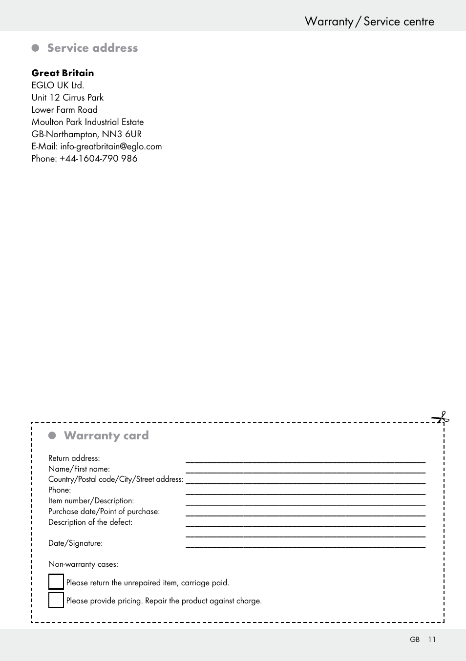 Warranty / service centre, Service address, Warranty card | Livarno 54318 User Manual | Page 11 / 57