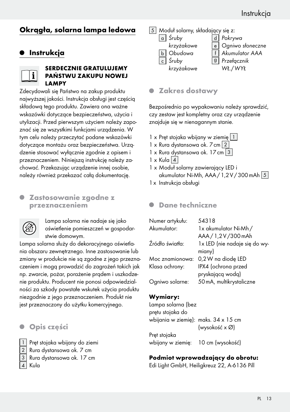 Spis zawartości instrukcja, Okrągła, solarna lampa ledowa, Instrukcja | Zastosowanie zgodne z przeznaczeniem, Opis części, Zakres dostawy, Dane techniczne | Livarno 54318 User Manual | Page 13 / 57