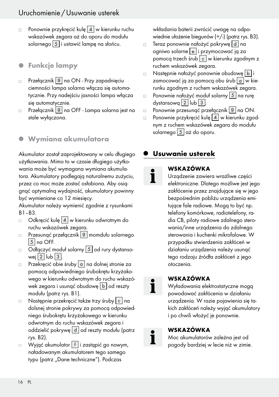 Funkcje lampy, Wymiana akumulatora, Usuwanie usterek | Livarno 54318 User Manual | Page 16 / 57