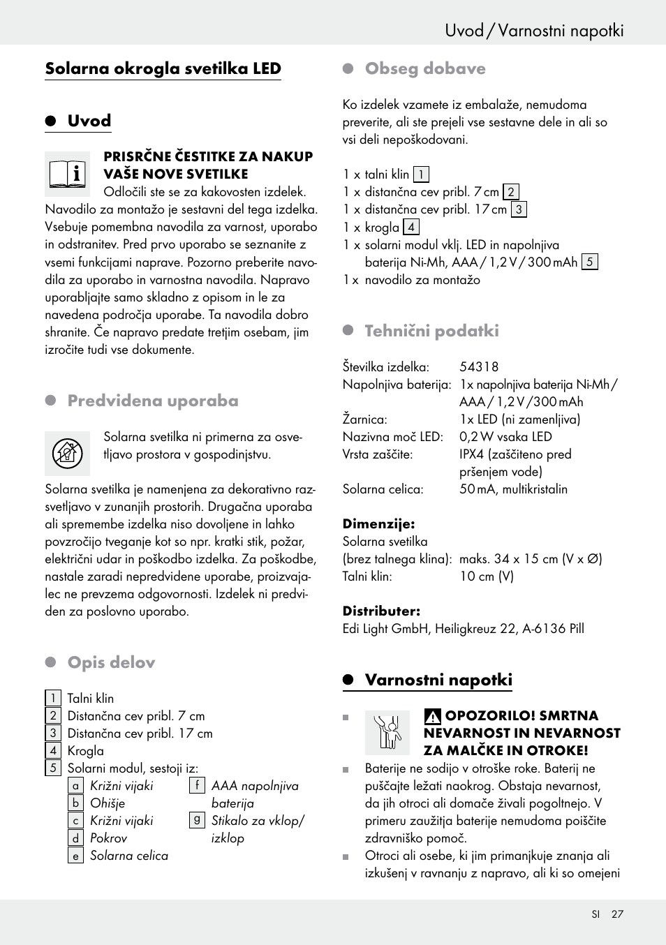 Kazalo uvod / varnostni napotki, Solarna okrogla svetilka led uvod, Predvidena uporaba | Opis delov, Obseg dobave, Tehnični podatki, Varnostni napotki | Livarno 54318 User Manual | Page 27 / 57