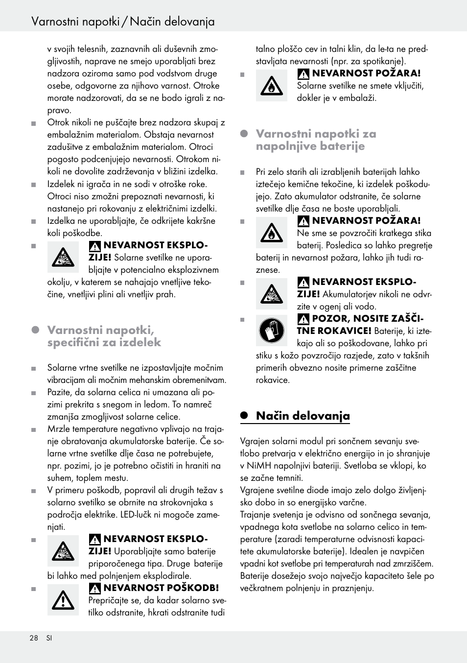 Varnostni napotki / način delovanja, Začetek uporabe, Varnostni napotki, specifični za izdelek | Varnostni napotki za napolnjive baterije, Način delovanja | Livarno 54318 User Manual | Page 28 / 57