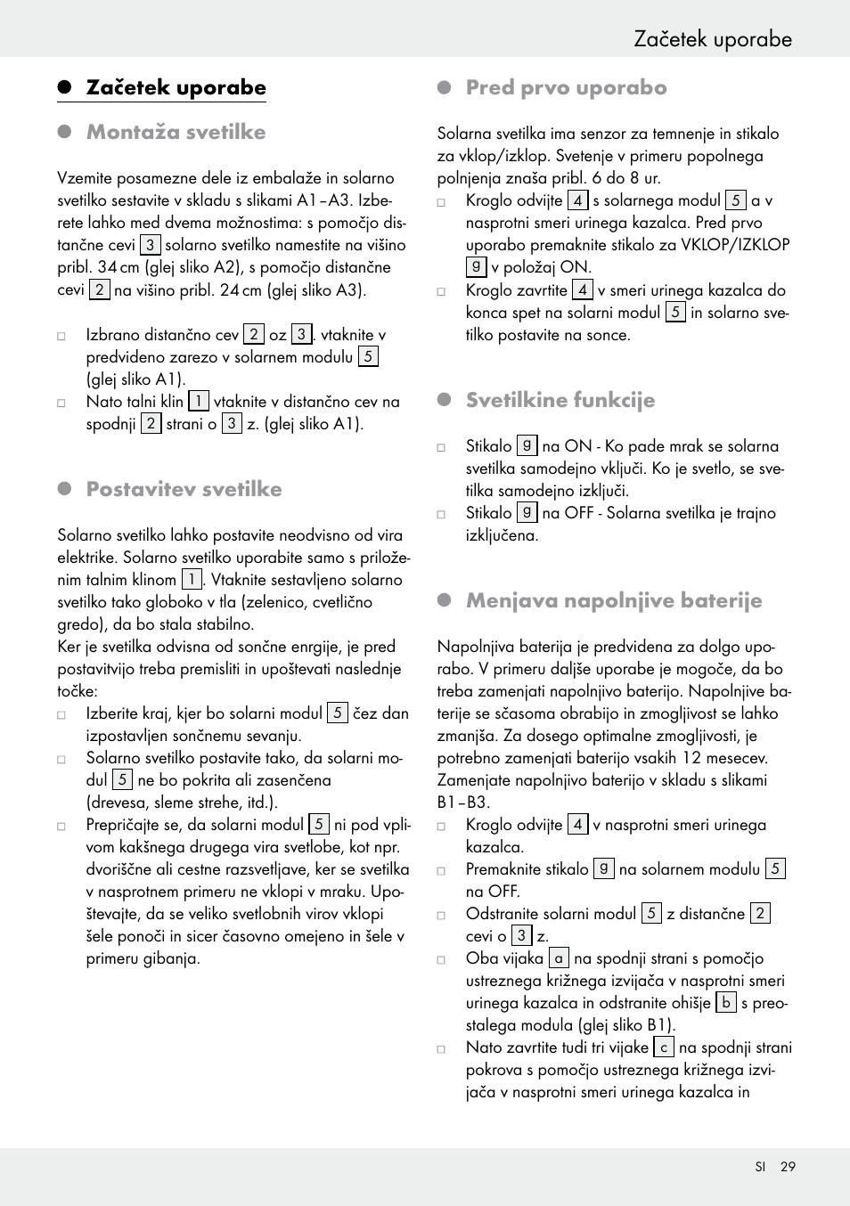 Začetek uporabe montaža svetilke, Postavitev svetilke, Pred prvo uporabo | Svetilkine funkcije, Menjava napolnjive baterije | Livarno 54318 User Manual | Page 29 / 57