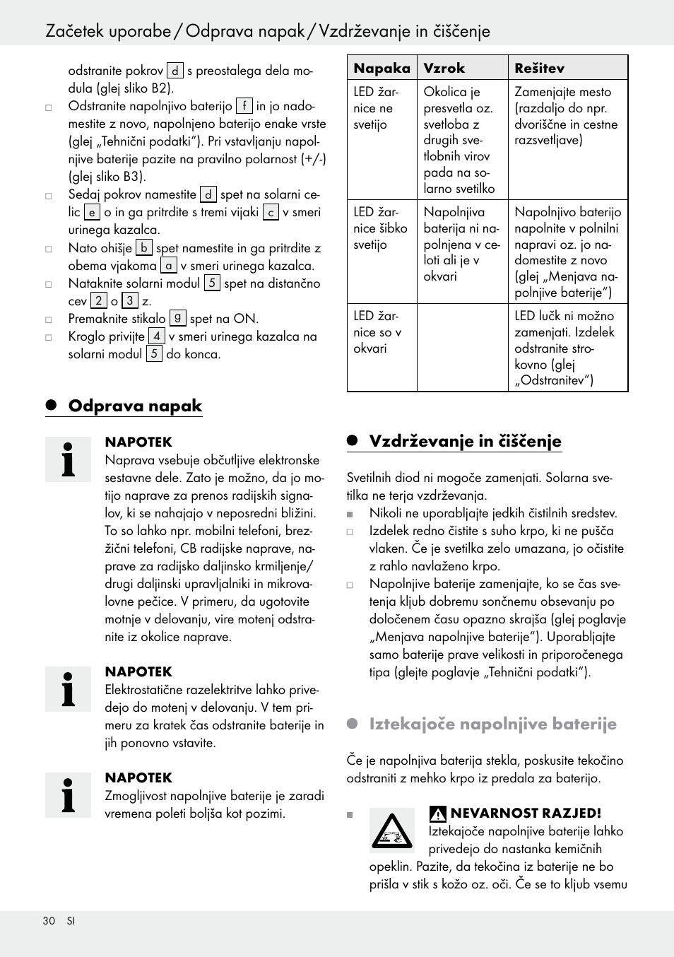 Odprava napak, Vzdrževanje in čiščenje, Iztekajoče napolnjive baterije | Livarno 54318 User Manual | Page 30 / 57