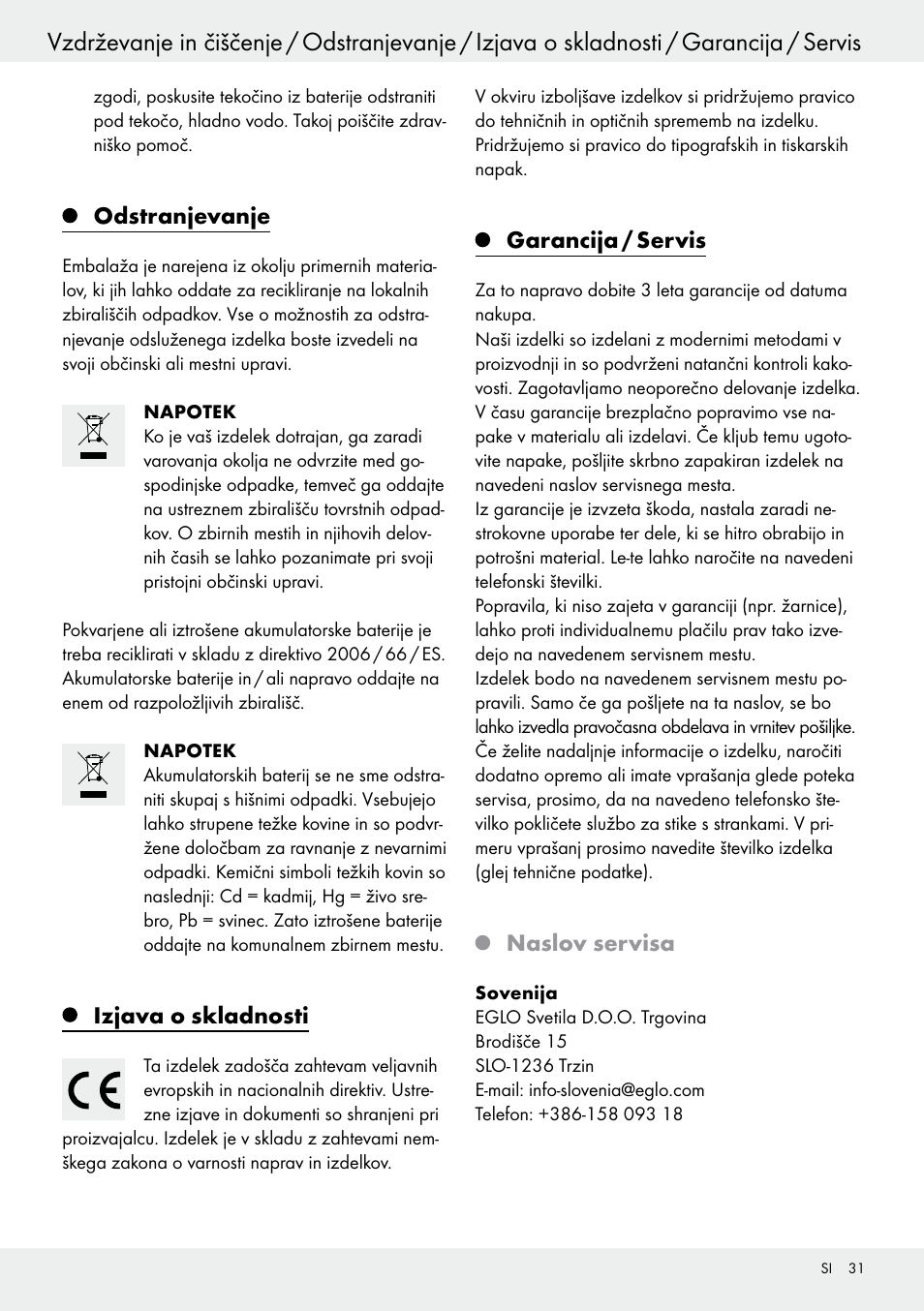 Odstranjevanje, Izjava o skladnosti, Garancija / servis | Naslov servisa | Livarno 54318 User Manual | Page 31 / 57