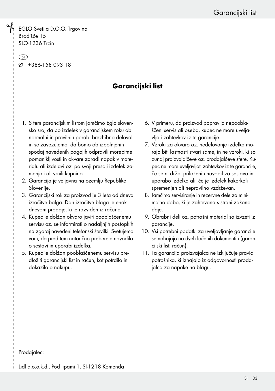 Garancija / servis garancijski list, Garancijski list | Livarno 54318 User Manual | Page 33 / 57