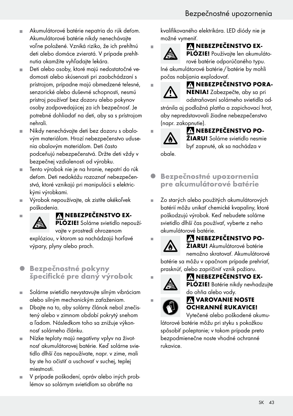 Bezpečnostné pokyny špecifické pre daný výrobok, Bezpečnostné upozornenia pre akumulátorové batérie | Livarno 54318 User Manual | Page 43 / 57