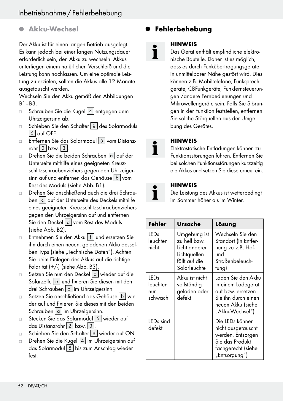 Inbetriebnahme / fehlerbehebung, Akku-wechsel, Fehlerbehebung | Livarno 54318 User Manual | Page 52 / 57