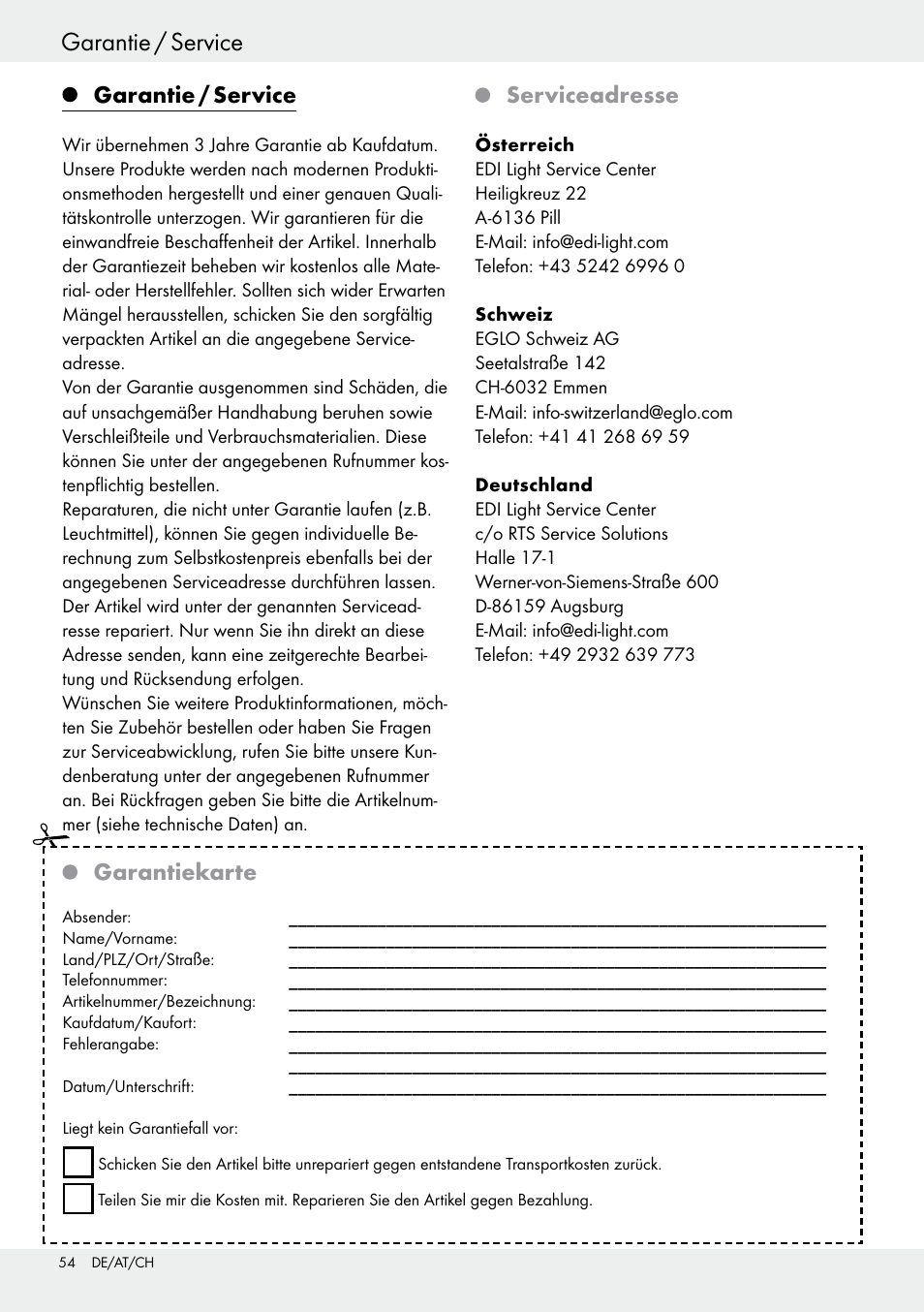 Garantie / service, Serviceadresse, Garantiekarte | Livarno 54318 User Manual | Page 54 / 57