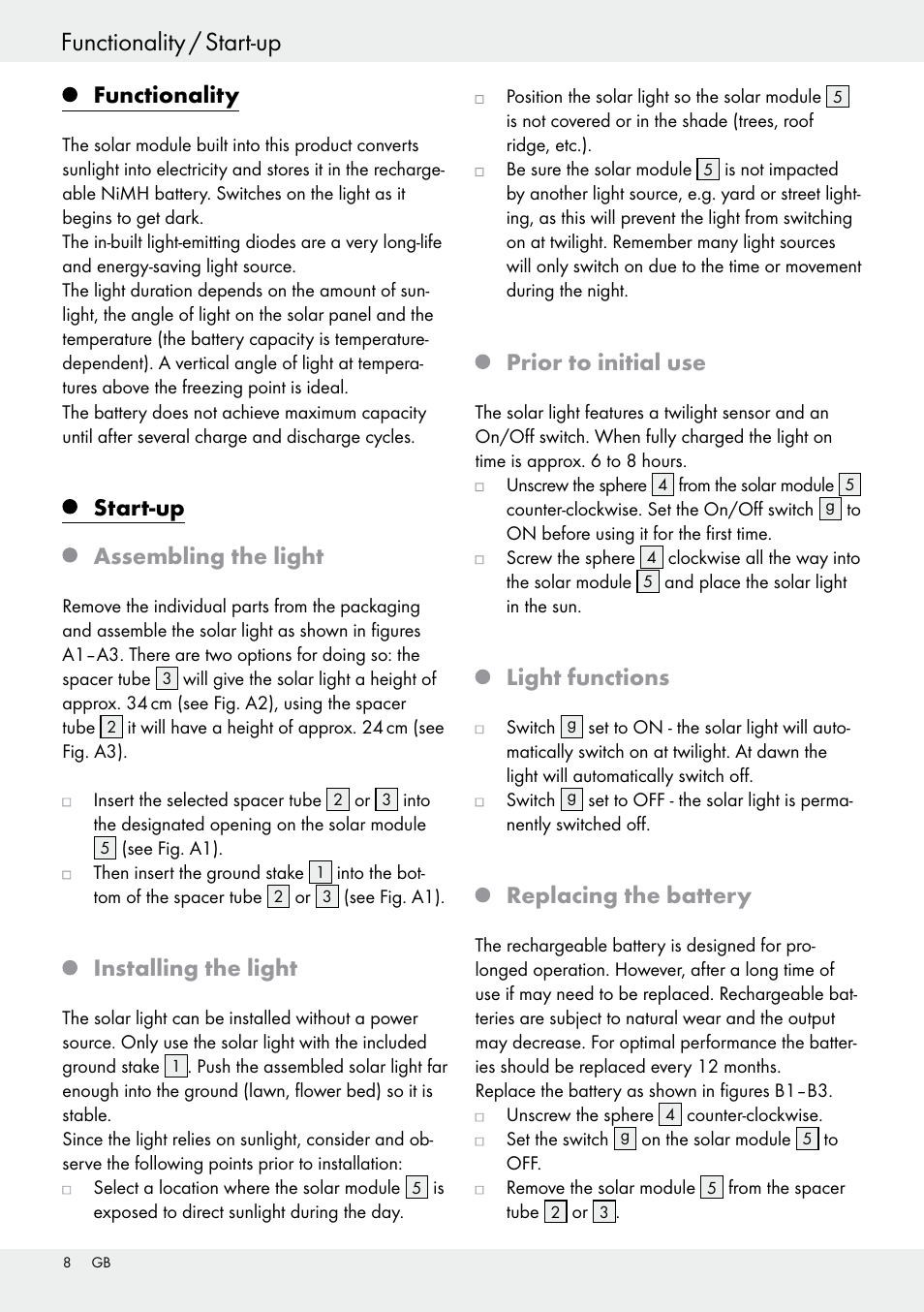 Functionality, Start-up assembling the light, Installing the light | Prior to initial use, Light functions, Replacing the battery | Livarno 54318 User Manual | Page 8 / 57