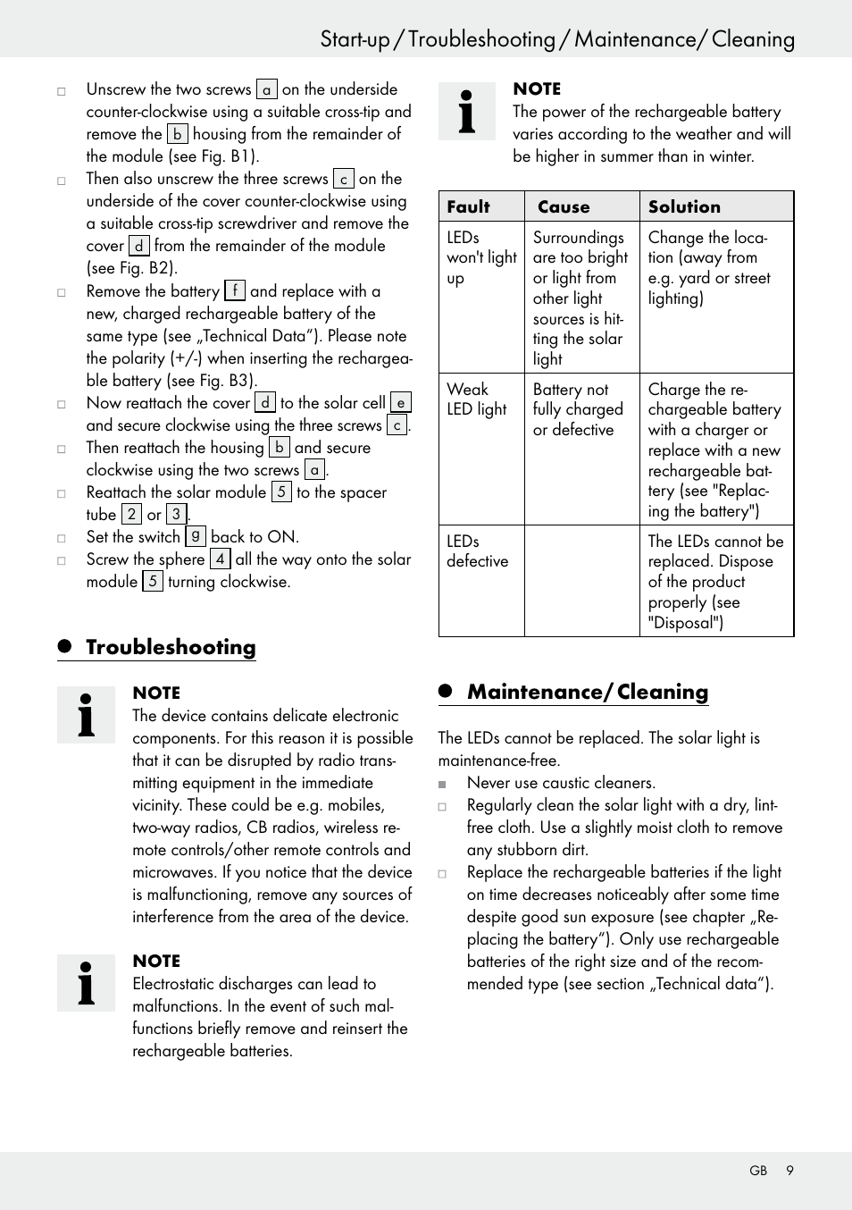 Start-up / troubleshooting / maintenance/ cleaning, Functionality / start-up, Troubleshooting | Maintenance/ cleaning | Livarno 54318 User Manual | Page 9 / 57