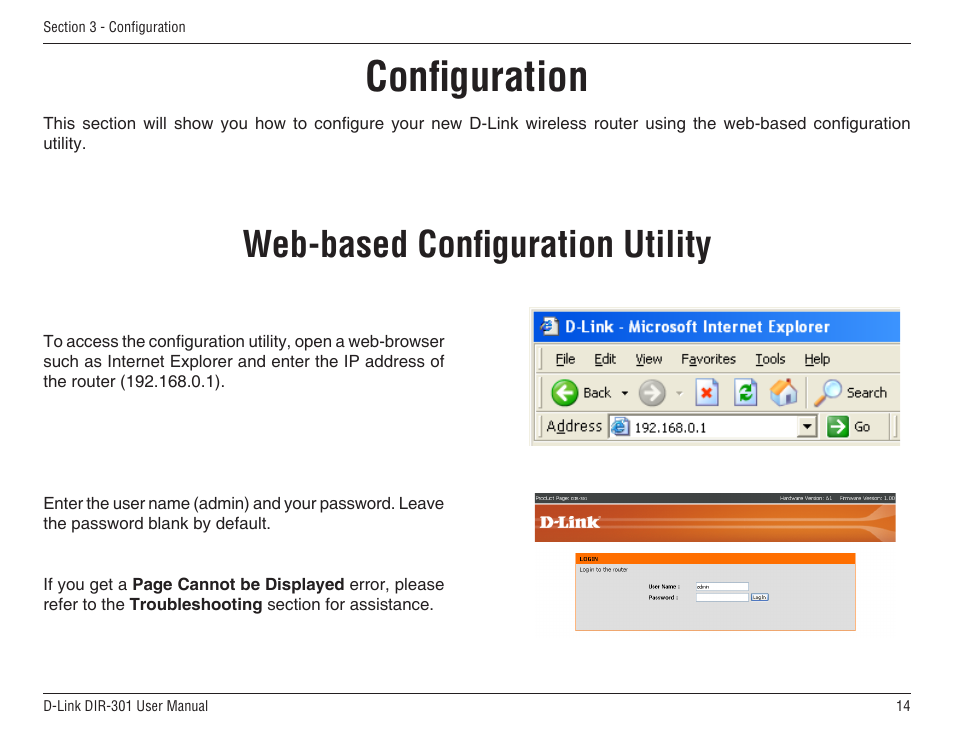 Configuration, Web-based configuration utility | D-Link DIR-301 User Manual | Page 14 / 67