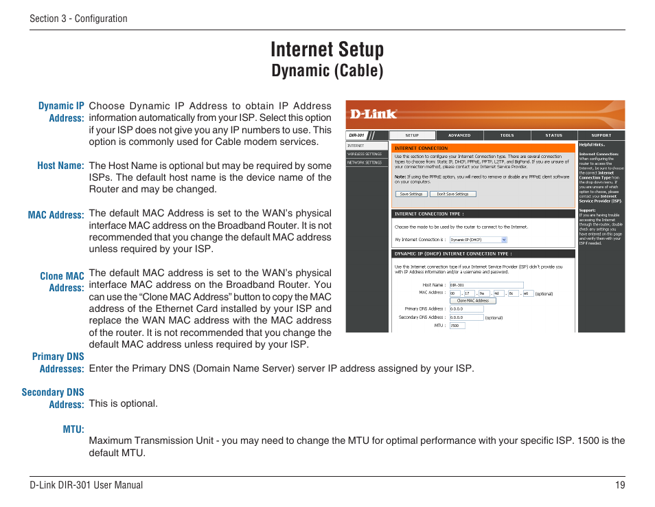 Internet setup, Dynamic (cable) | D-Link DIR-301 User Manual | Page 19 / 67