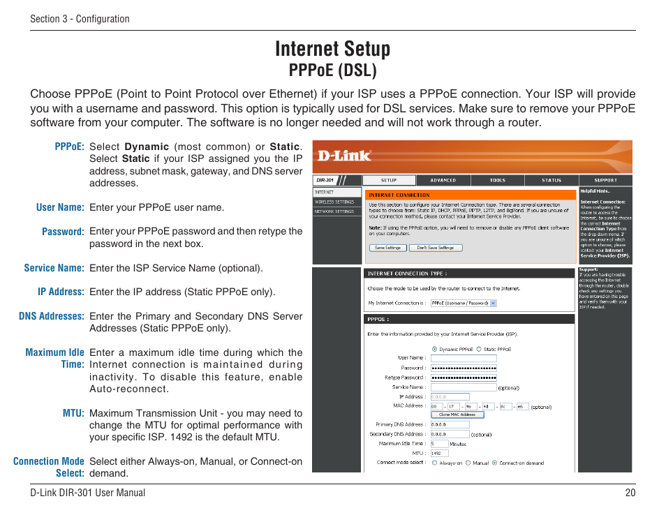 Internet setup, Pppoe (dsl) | D-Link DIR-301 User Manual | Page 20 / 67