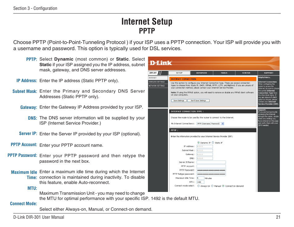 Internet setup, Pptp | D-Link DIR-301 User Manual | Page 21 / 67
