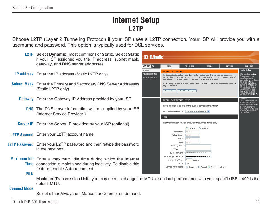 Internet setup, L2tp | D-Link DIR-301 User Manual | Page 22 / 67