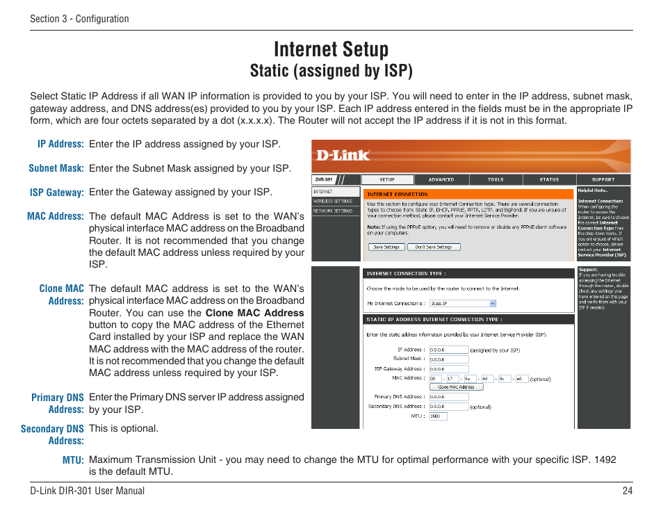 Internet setup, Static (assigned by isp) | D-Link DIR-301 User Manual | Page 24 / 67