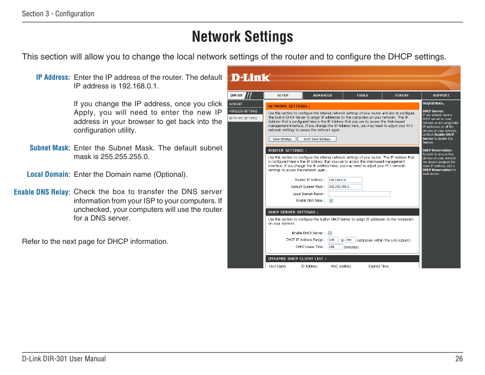 Network settings | D-Link DIR-301 User Manual | Page 26 / 67