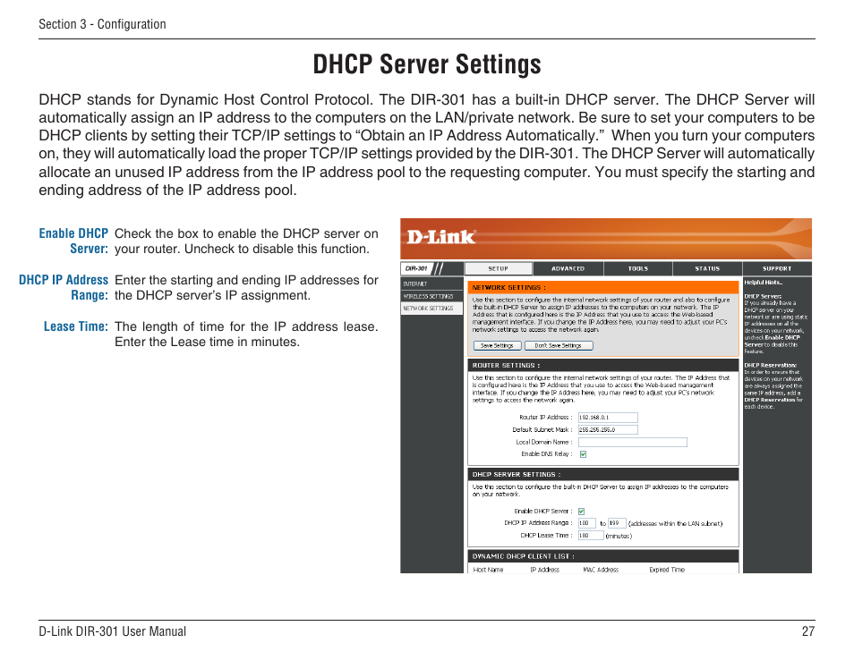Dhcp server settings | D-Link DIR-301 User Manual | Page 27 / 67