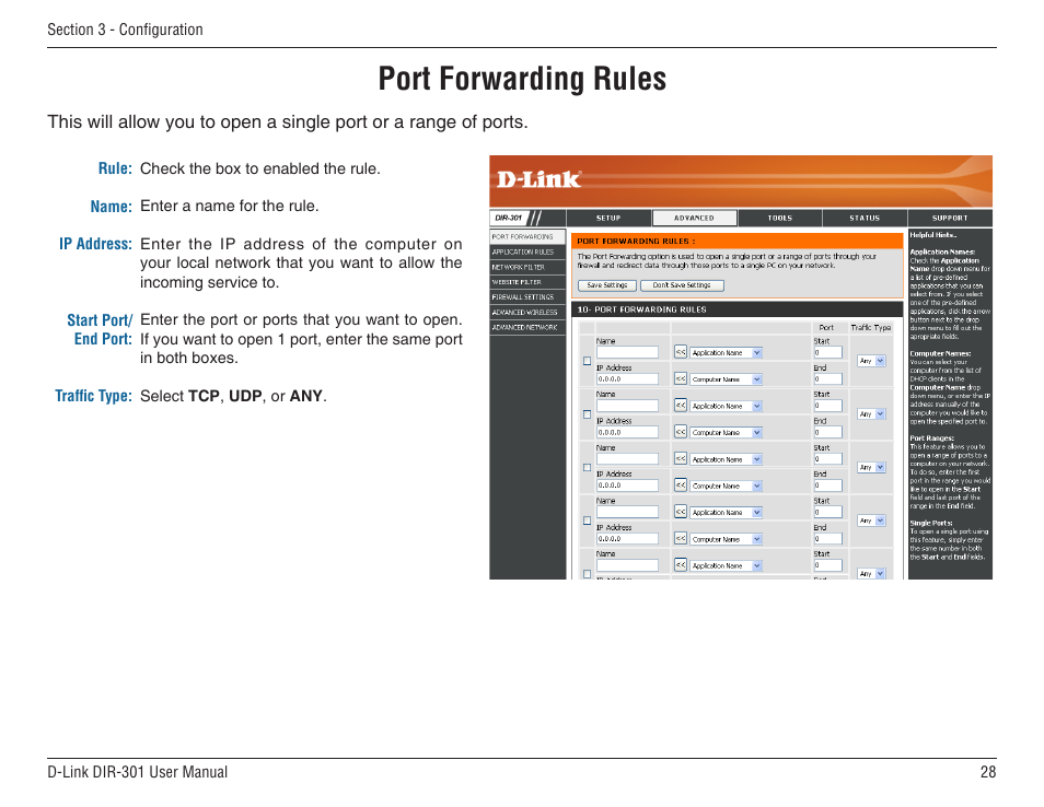 Port forwarding rules | D-Link DIR-301 User Manual | Page 28 / 67