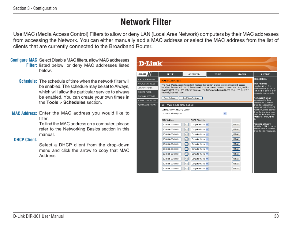 Network filter | D-Link DIR-301 User Manual | Page 30 / 67