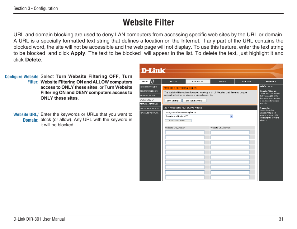 Website filter | D-Link DIR-301 User Manual | Page 31 / 67