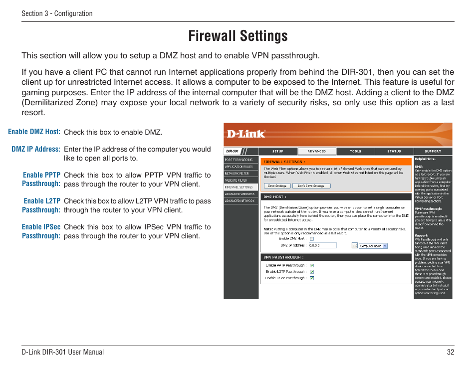 Firewall settings | D-Link DIR-301 User Manual | Page 32 / 67