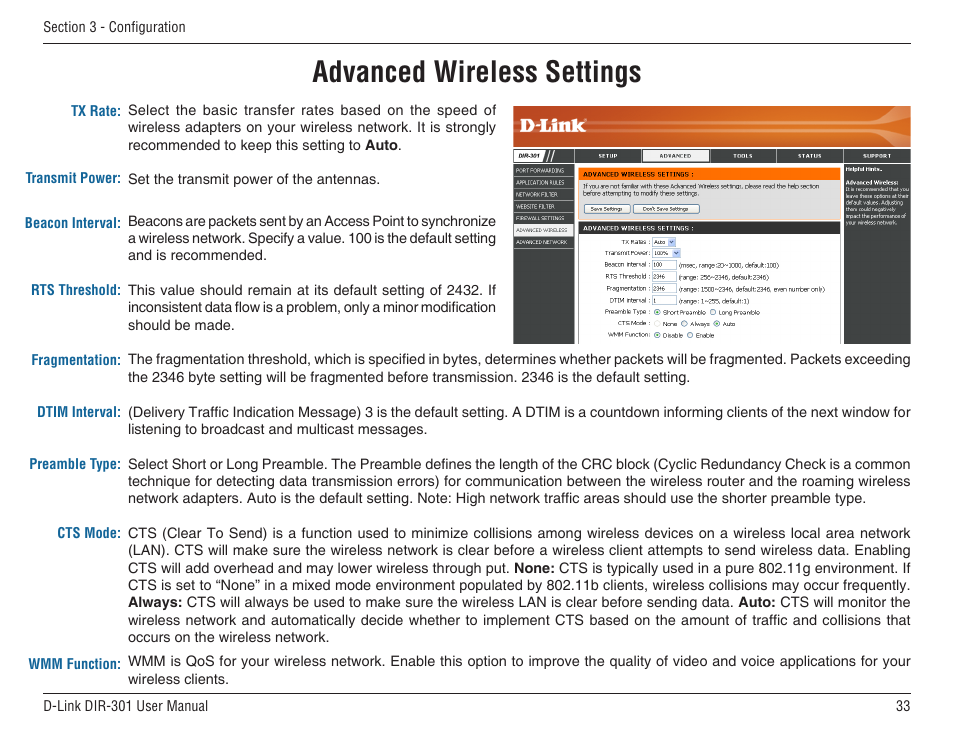 Advanced wireless settings | D-Link DIR-301 User Manual | Page 33 / 67