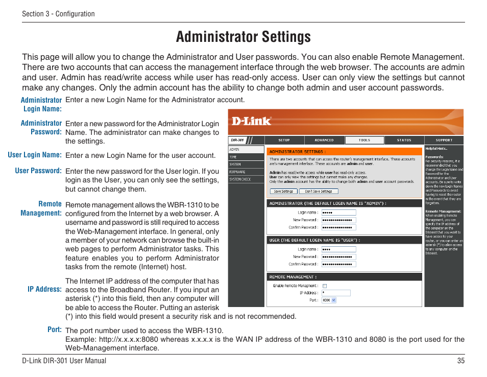 Administrator settings | D-Link DIR-301 User Manual | Page 35 / 67