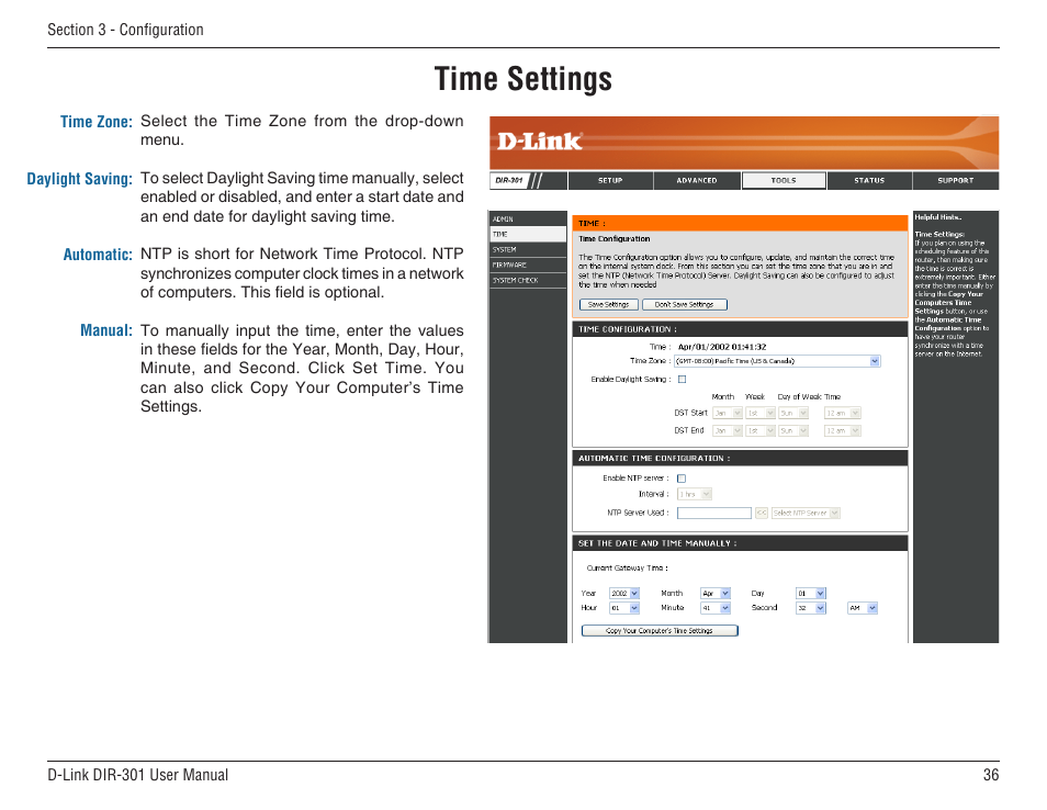 Time settings | D-Link DIR-301 User Manual | Page 36 / 67