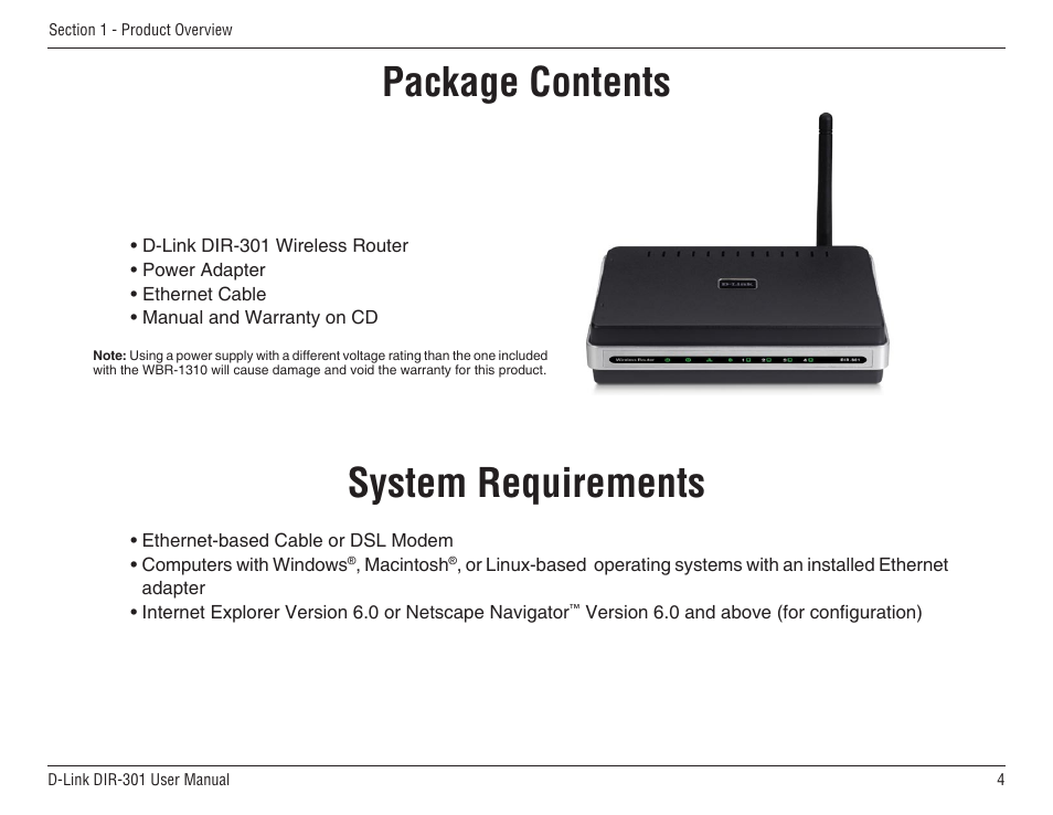 Product overview, System requirements, Package contents | D-Link DIR-301 User Manual | Page 4 / 67