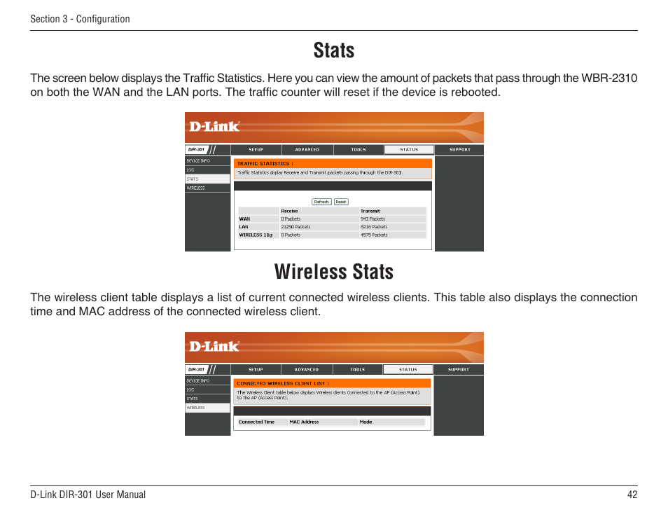 Stats wireless stats | D-Link DIR-301 User Manual | Page 42 / 67